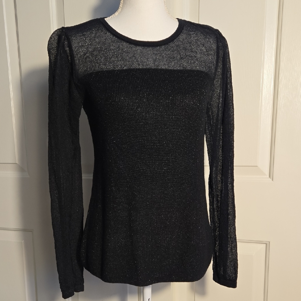 Jennifer Lopez Black Sheer Mesh Long Sleeve Knit Top Size L